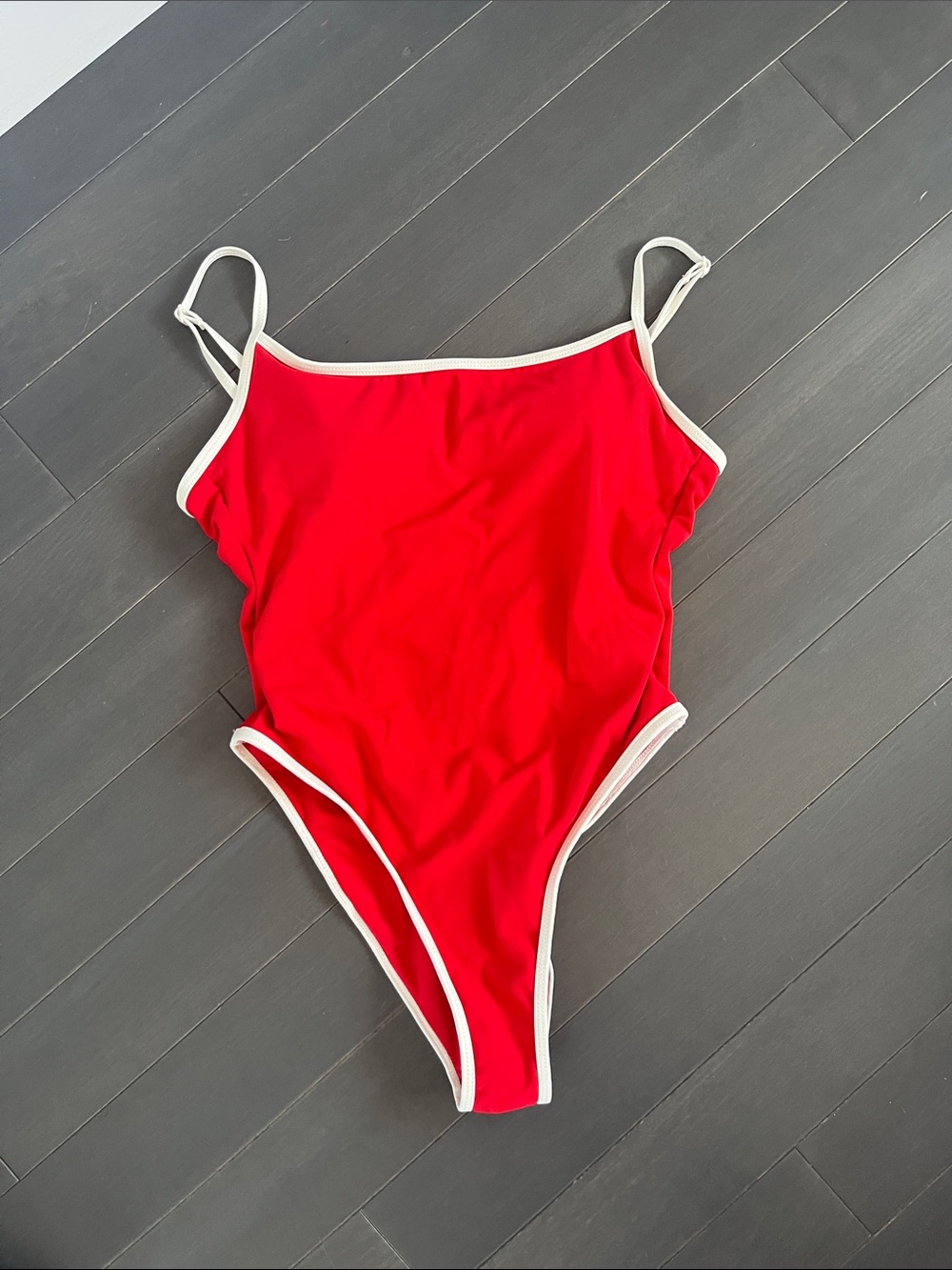 Red One-Piece Swim Suit with White Trim